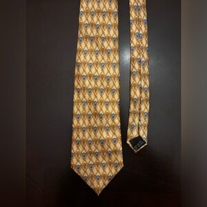 LANVIN PARIS Blue Royal Blue & Gold Flowers Men's 100% Silk Tie Made In FRANCE